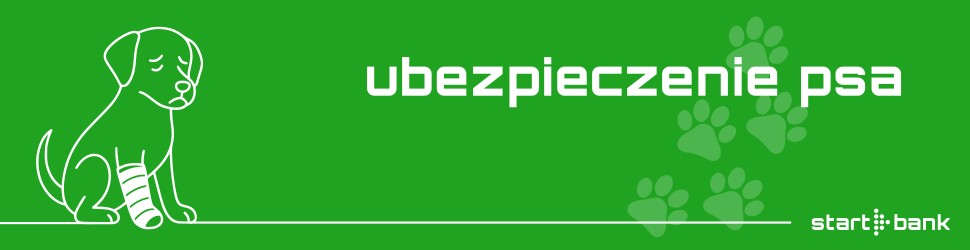 Ilustracja lineart przedstawiająca smutnego psa z zabandażowaną łapą na zielonym tle z napisem „ubezpieczenie psa” oraz logo StartBank. Grafika promuje ochronę ubezpieczeniową dla psów.
